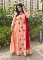 Partywear hand embroidered peach maxi
